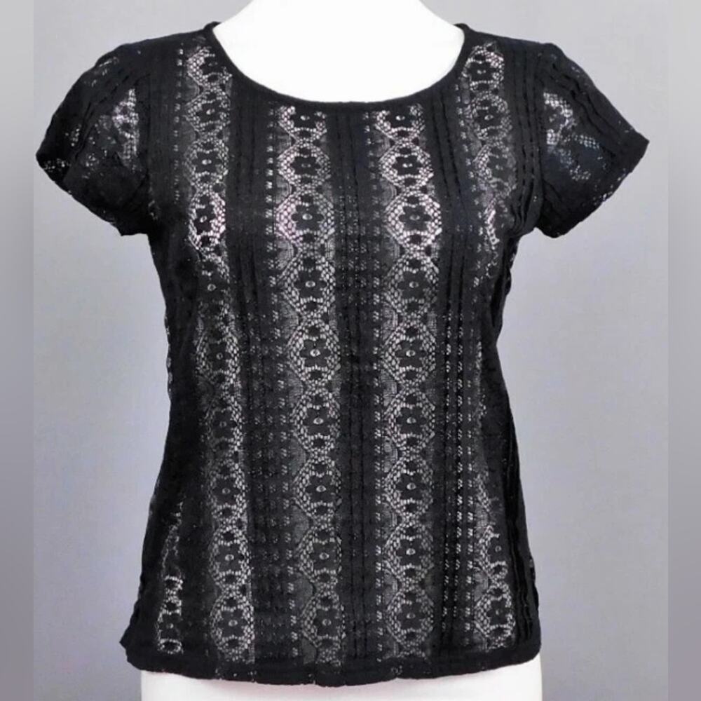 LOFT Black Short Sleeve Lace Top with Silver Zipper on back Size M